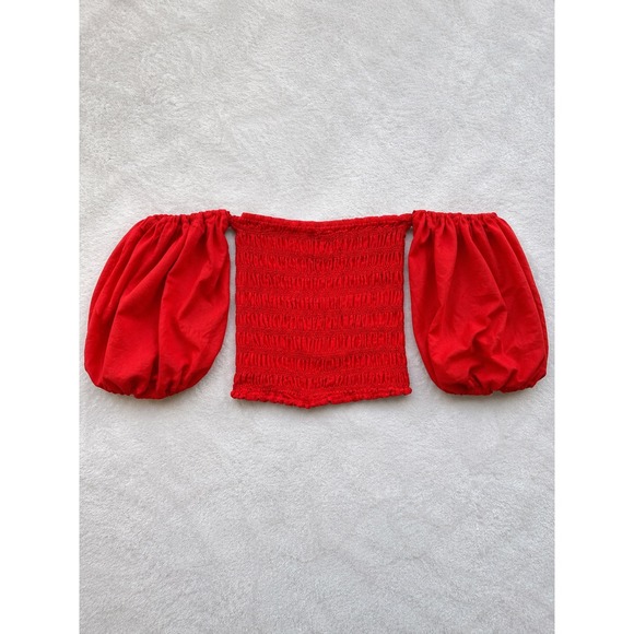 Young Fabulous & Broke Tops - YFB Young Fabulous & Broke Red Smocked Off Shoulder Puff Sleeve Crop Top